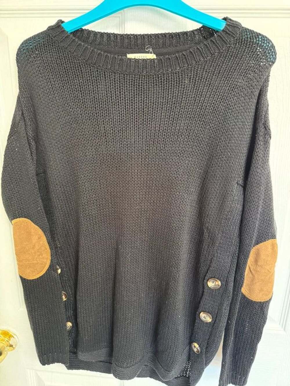 Harper Heritage Black Knit Sweater Small Faux Suede Elbow Patches Button Detail